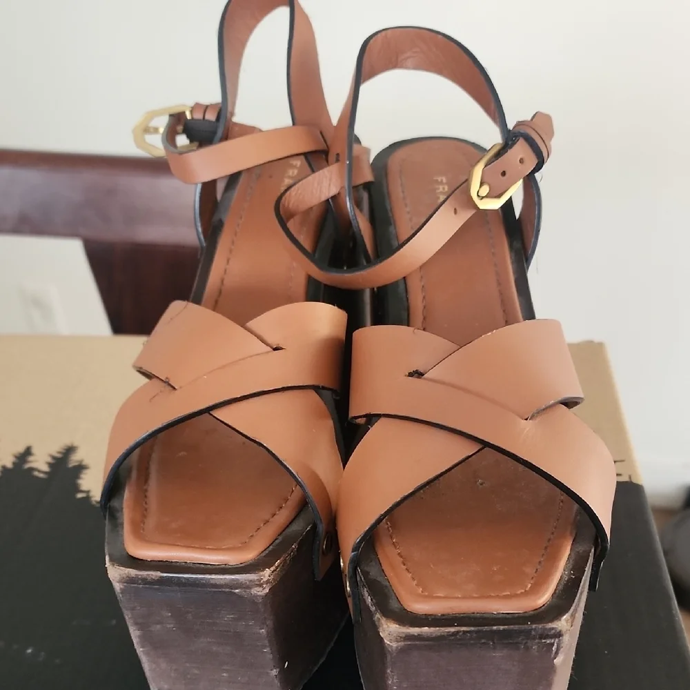 FRAME Denim Brown Leather Platform Sandals | 70s Boho Wedge | Size 40.5